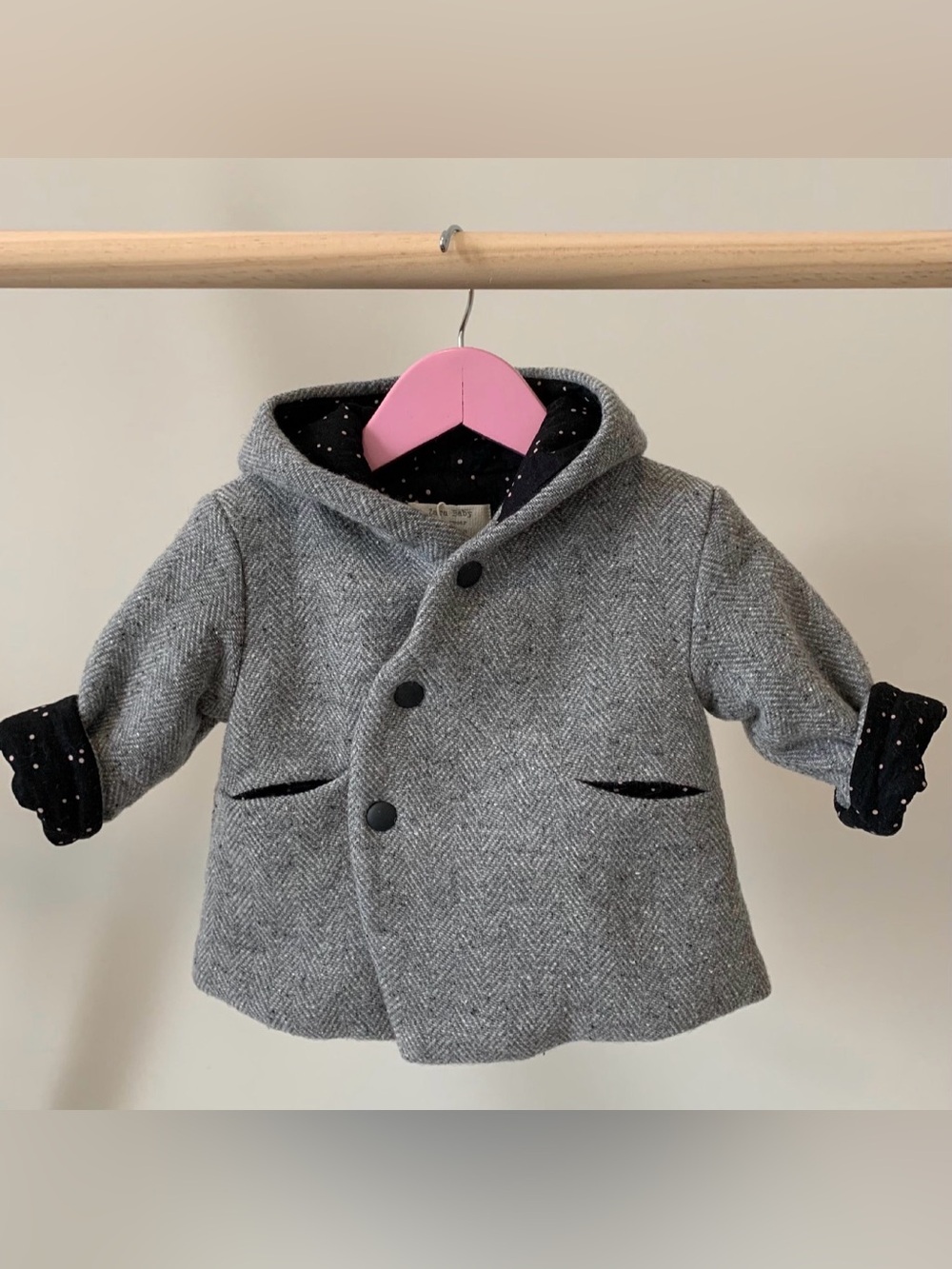 Zara Grey PomPom Hooded Herringbone Baby Jacket with Button Closure 6-9M